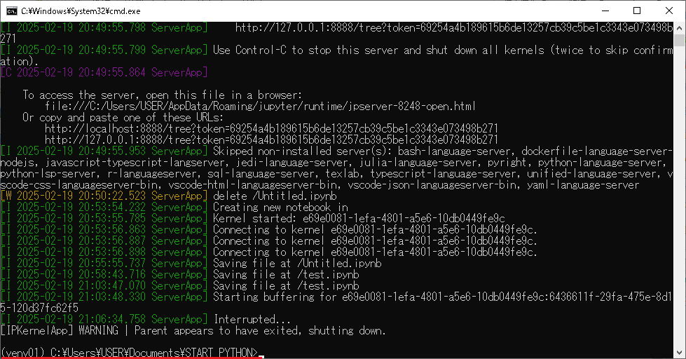 jupyter notebook シェル画面終了状態